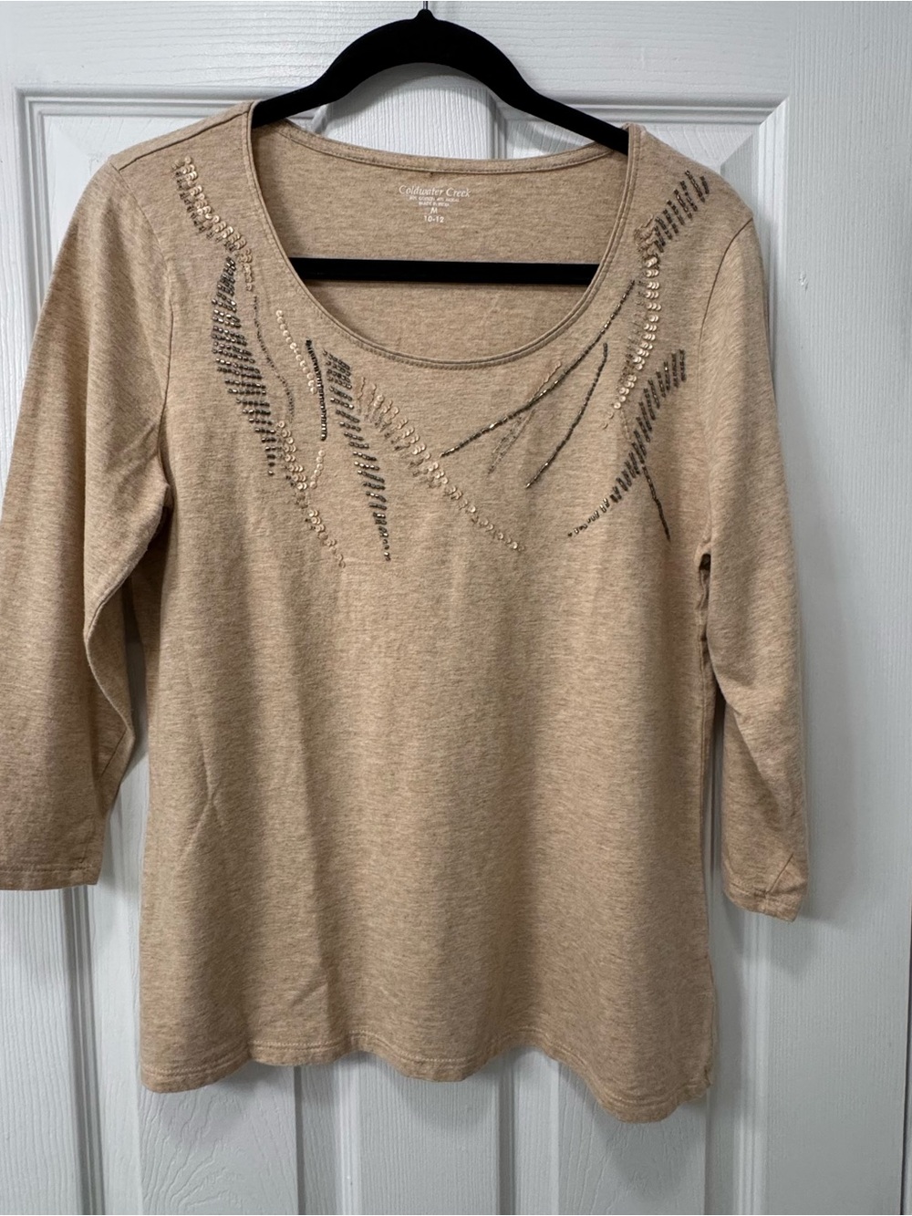 Coldwater Creek Tan Scoop Neck Quarter Sleeve Top with Beaded Detail